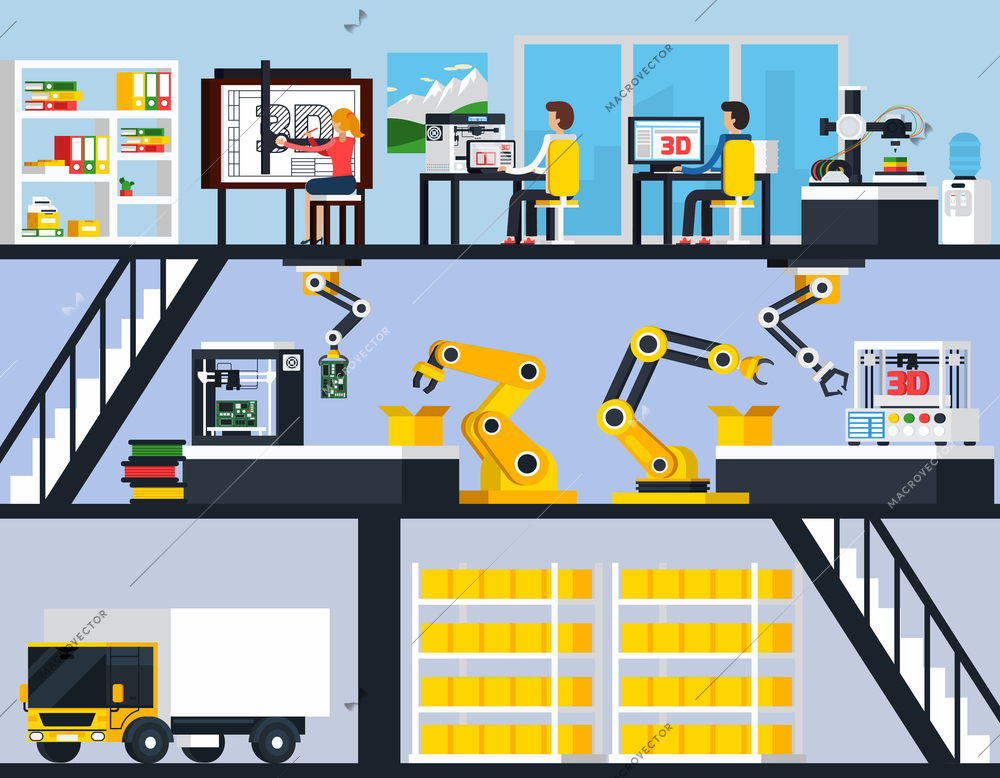 3D printing horizontal compositions with equipment and technical staff engaged in development and modeling flat vector illustration