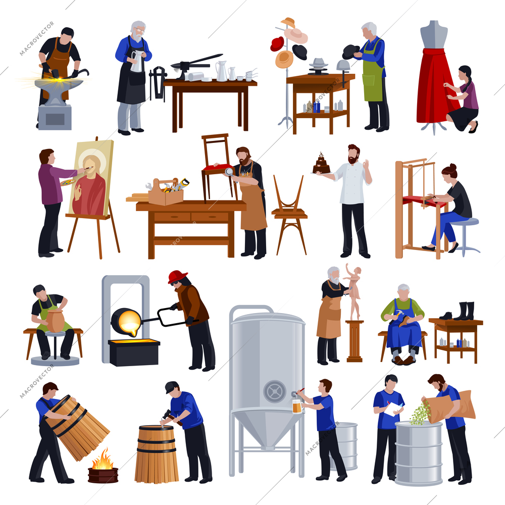 Traditional crafts and craftspeople at work flat icons collection with tailor weaver blacksmith and shoemaker vector illustration