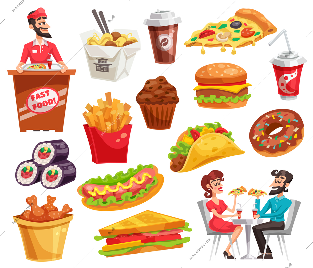 Fast food set with restaurant worker and clients sandwiches noodle potato chicken legs drinks isolated vector illustration