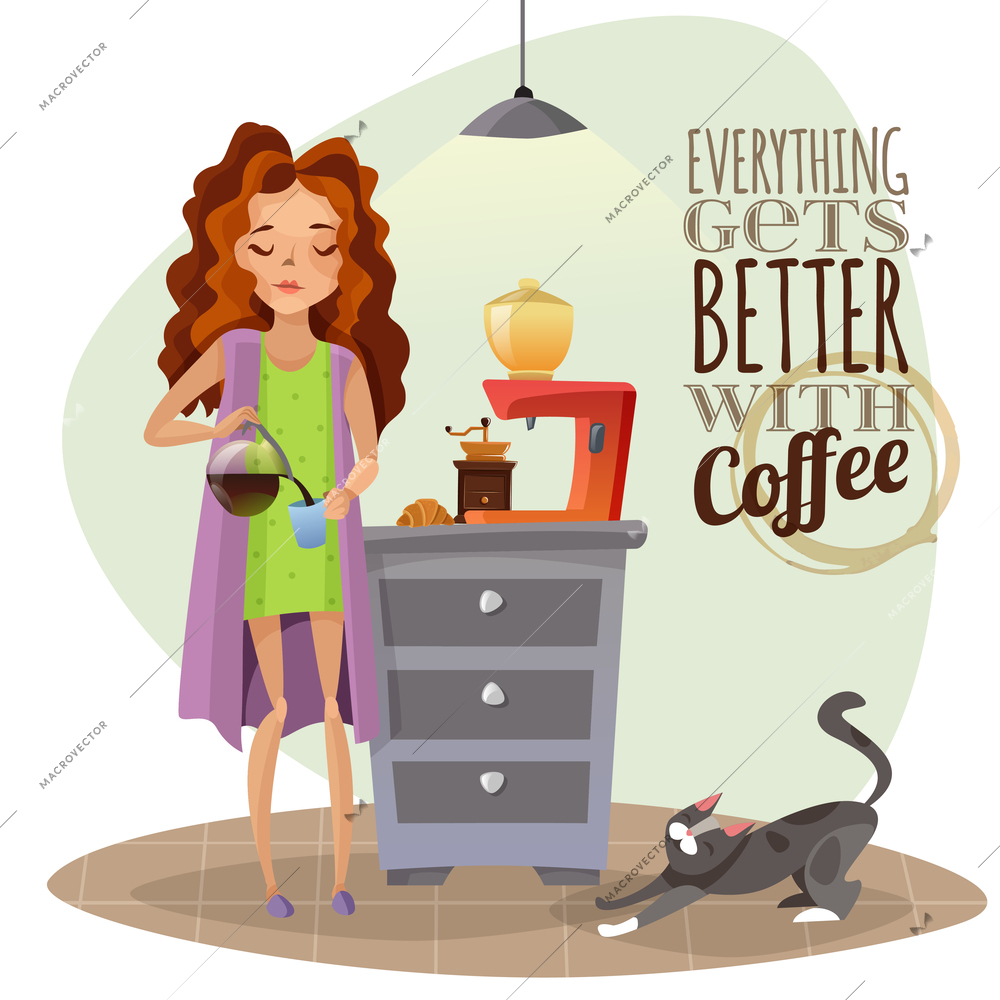 Morning awakening cartoon vector illustration with young girl pouring coffee into cup coffee machine and cat