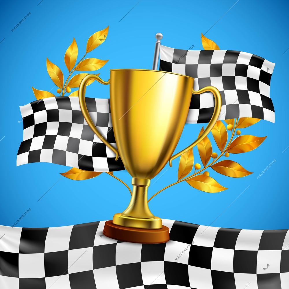 Gold race winner trophy with golden bay laurel wreath branches on checkered flag blue background vector illustration