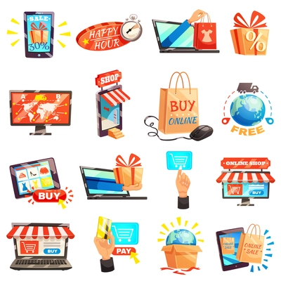 Online shopping e-commerce set of isolated conceptual images with electronic gadgets gift boxes and storefront vector illustration