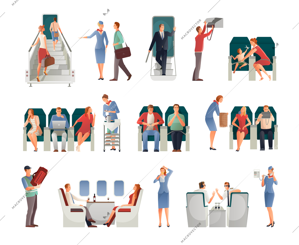 People in airplane set including pilots stewardess passengers on seats or with hand baggage isolated vector illustration