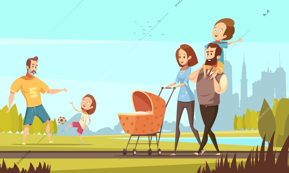 Young family with toddler and baby walking in park outdoor with cityscape background retro cartoon vector illustration