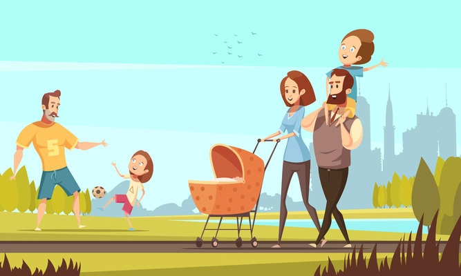 Young family with toddler and baby walking in park outdoor with cityscape background retro cartoon vector illustration