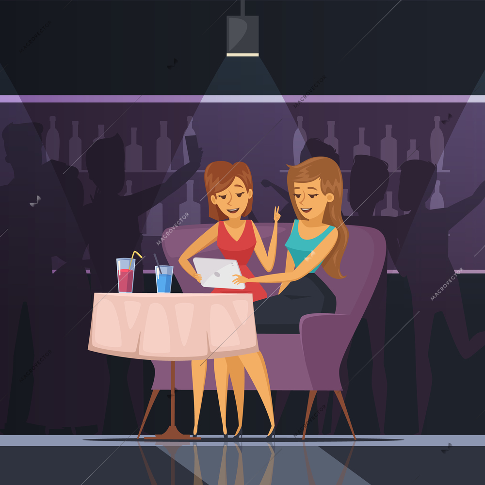 Selfie in cafe with women tablet table and drinks flat vector illustration