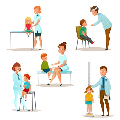 Colored and isolated kids visit a doctor icon set with pediatrician and neurologist examine a patient vector illustration