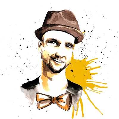 Smiling hipster character man guy in hat and bow tie ink drawn vector illustration