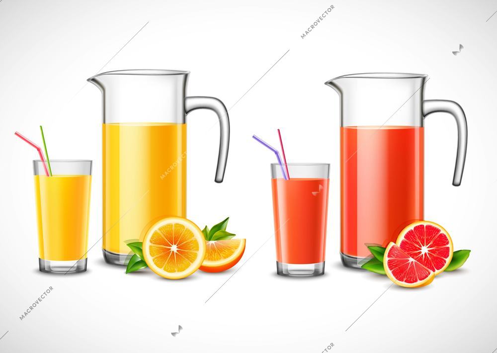 Jugs with citrus juice and full glasses with colorful straws fruit with green leaves isolated vector illustration