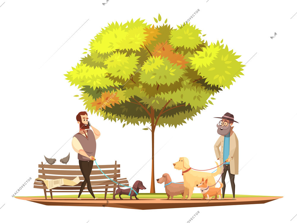 Dog owner concept with walking in the park symbols  cartoon vector illustration