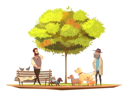 Dog owner concept with walking in the park symbols  cartoon vector illustration