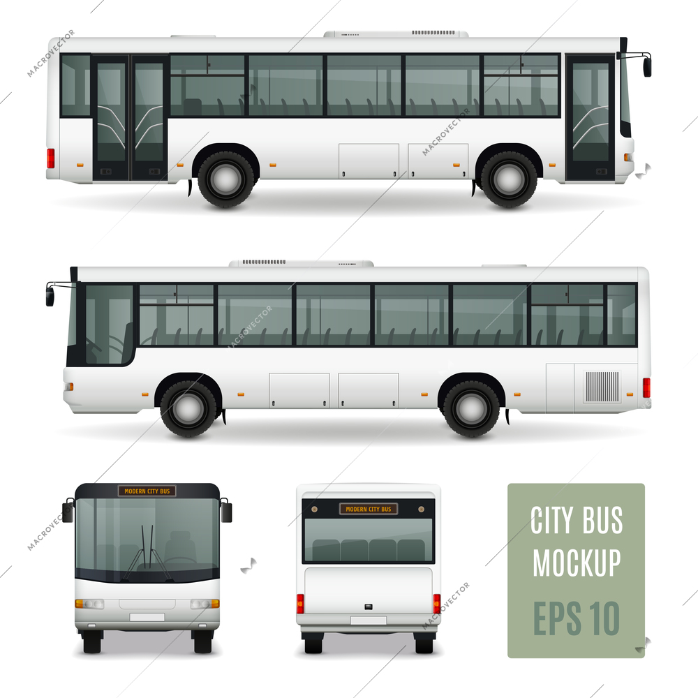 Modern city bus realistic advertising template side view front and rear on white background isolated vector illustration