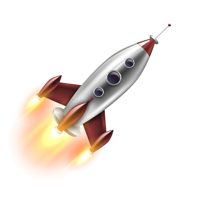 Realistic rocket of red grey color with round portholes in flight on white background isolated vector illustration
