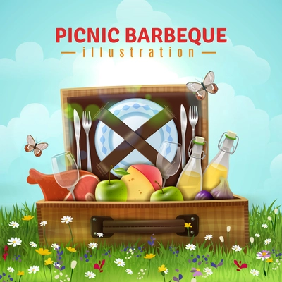 Picnic barbecue design with food, drink and tableware in open suitcase laying at flower meadow vector illustration