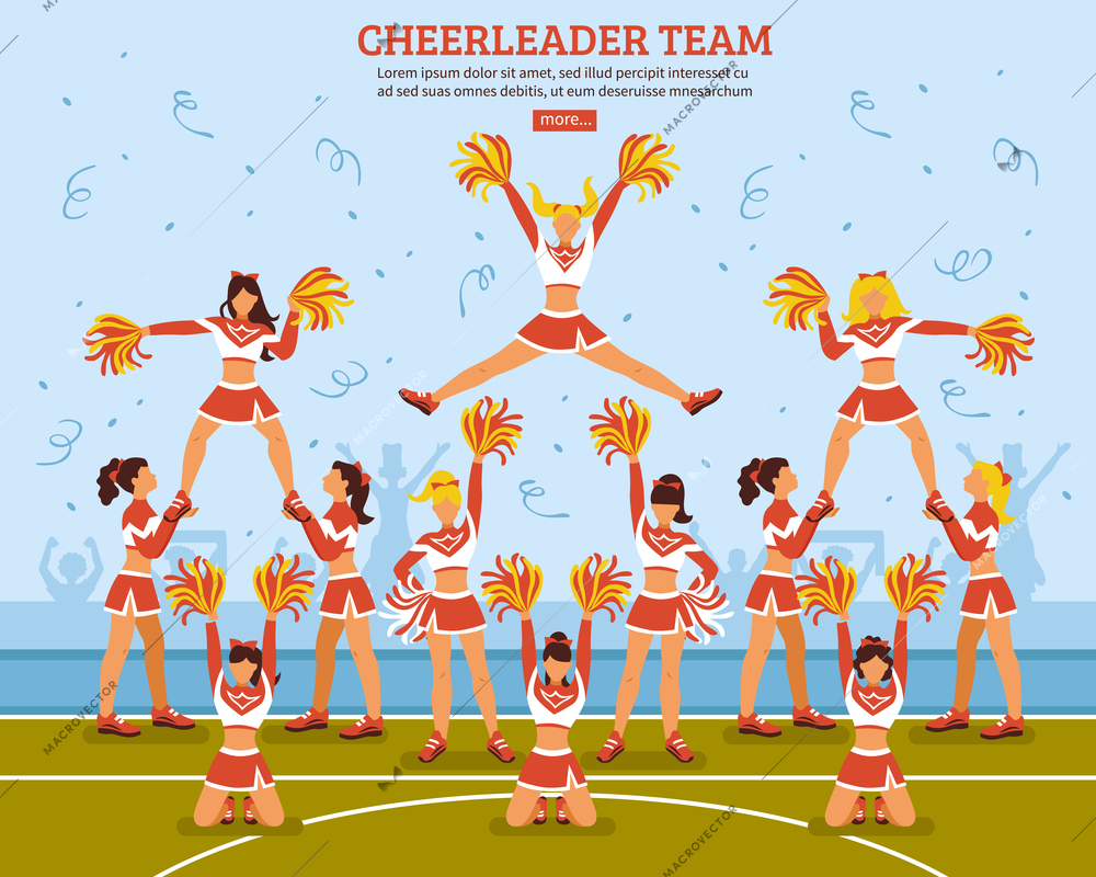 Cheerleaders girls team in sexy outfits performing on soccer stadium field flat website design poster vector illustration