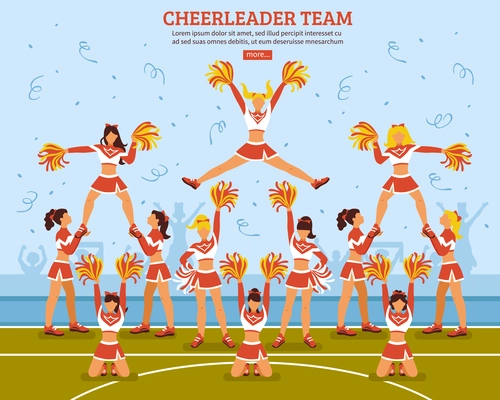Cheerleaders girls team in sexy outfits performing on soccer stadium field flat website design poster vector illustration