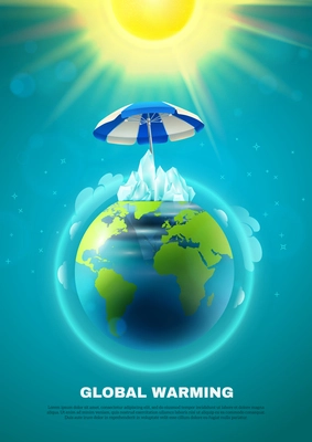 Global warming poster with planet earth in atmosphere under umbrella from sun on blue background vector illustration