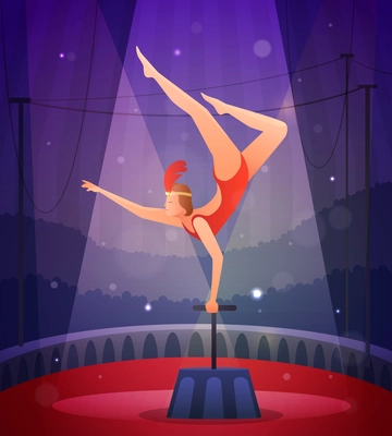 Magic show flat composition with slender girl in gym suit performing acrobatic exercise vector illustration