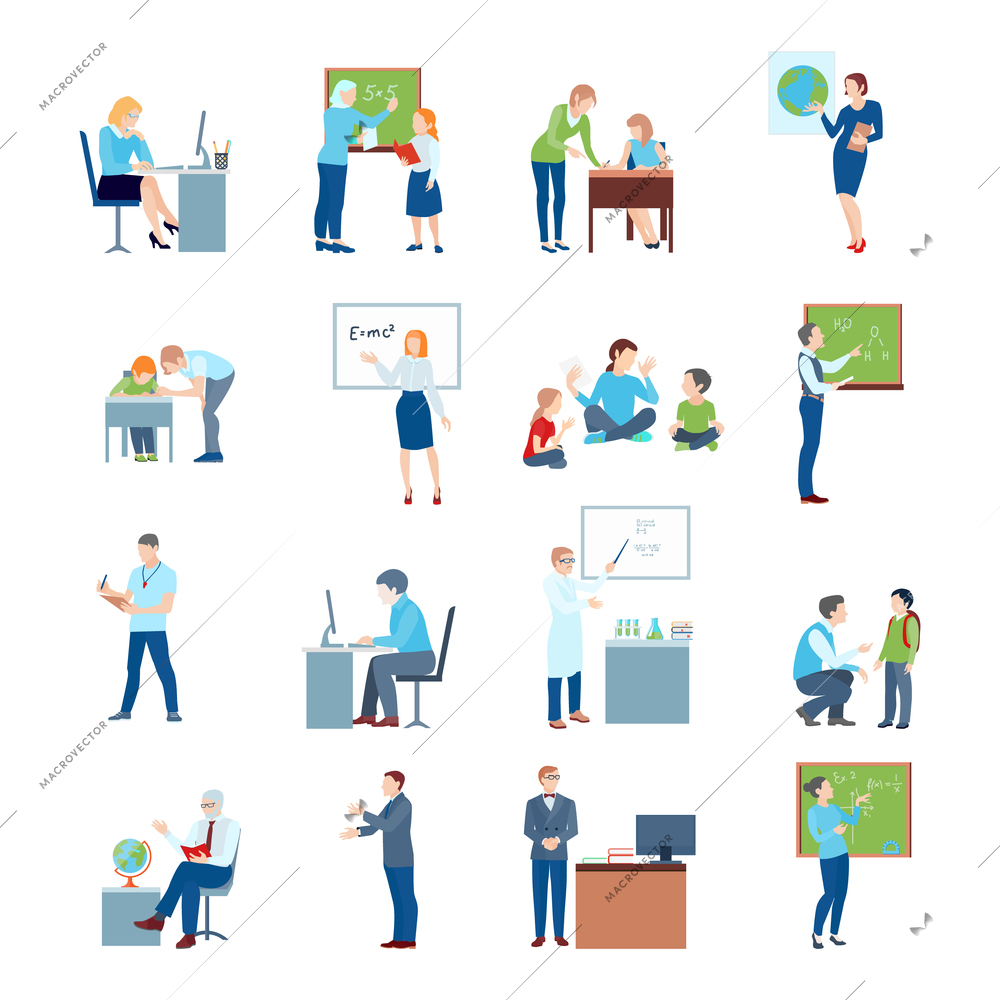 Secondary school teacher at chalkboard white board and by students desk flat icons collection isolated vector illustration