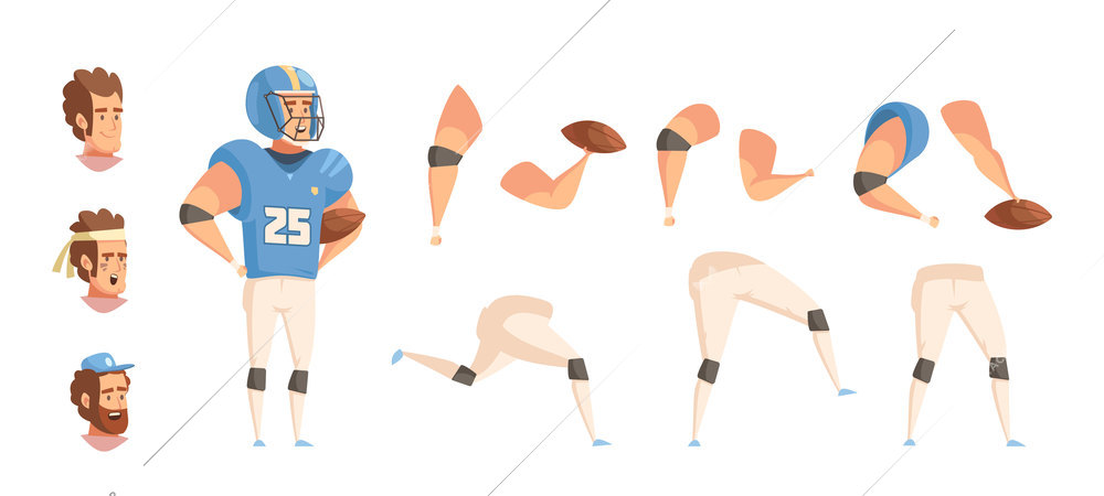 Sportsman constructor retro cartoon set with flat male ballplayer character in uniform heads hands and legs vector illustration