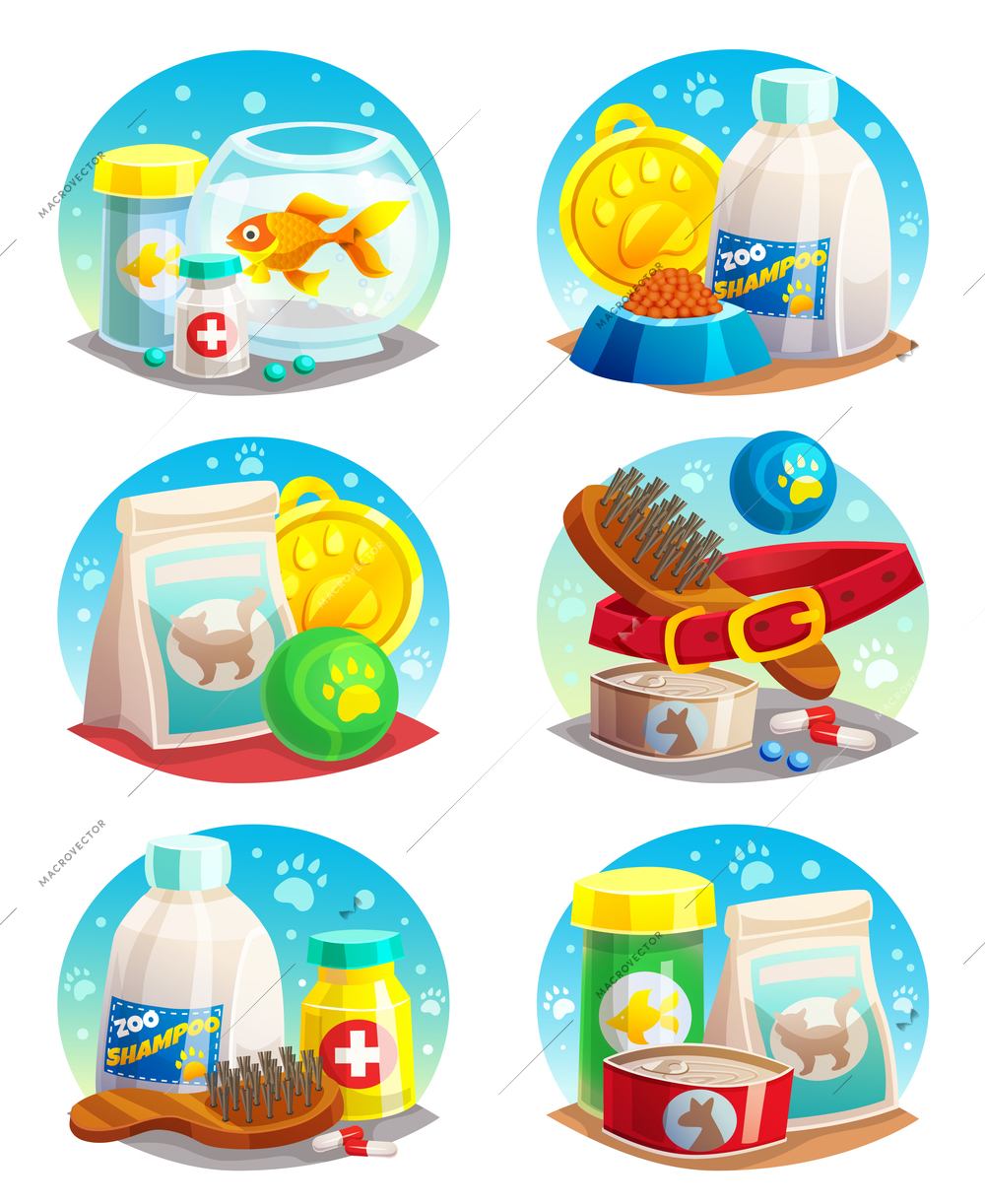 Pet shop compositions set with toys and medicines, canned and dry food shampoo, medals isolated vector illustration