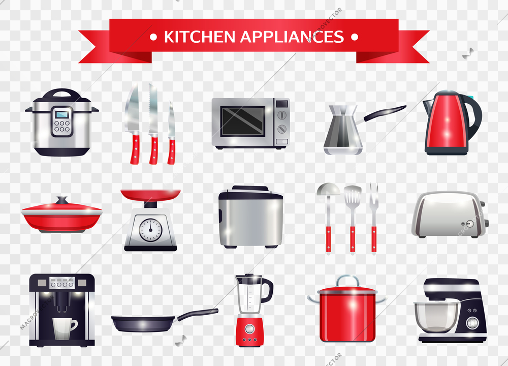 Set of kitchen appliances including slow cooker, microwave, coffee machine, scales on transparent background isolated vector illustration