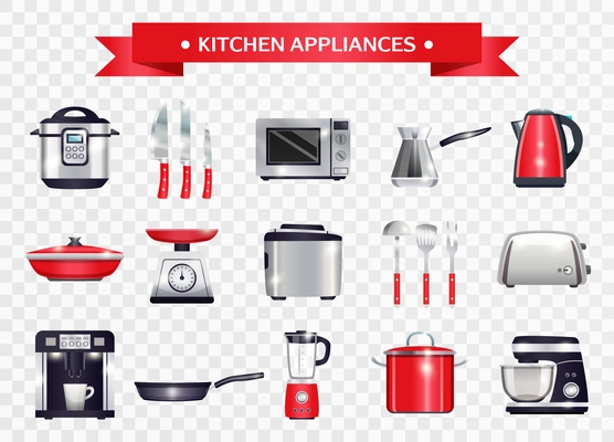 Set of kitchen appliances including slow cooker, microwave, coffee machine, scales on transparent background isolated vector illustration