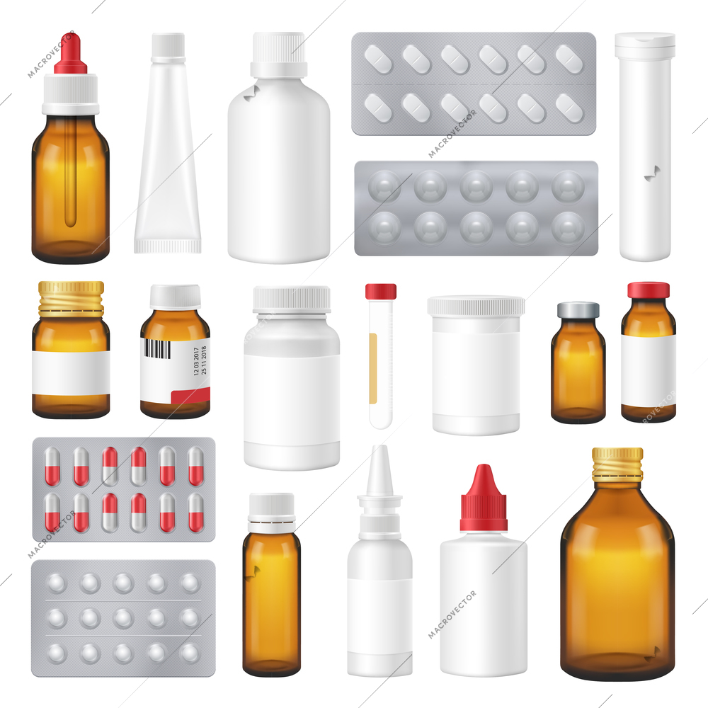 Pharmaceutical packages selection of glass and plastic bottles pills push through foil realistic images set vector illustration