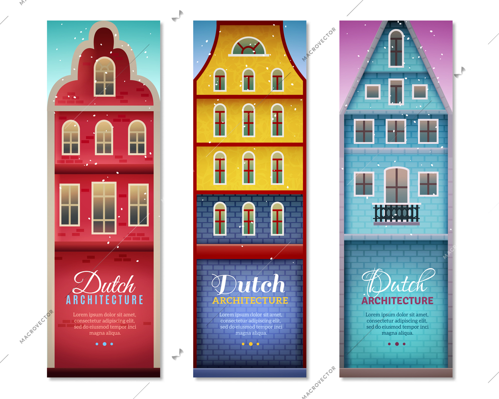 Dutch houses typical holland architecture and sightseeing for travelers 3 vertical colorful banners set isolated vector illusration