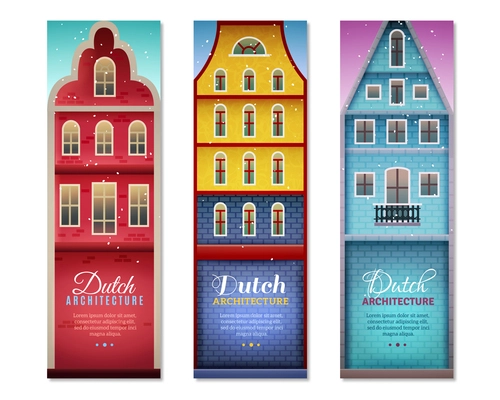 Dutch houses typical holland architecture and sightseeing for travelers 3 vertical colorful banners set isolated vector illusration