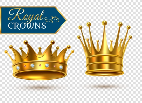 Royal gold crowns 2 shining  realistic images set on transparent background closeup shadows isolated vector illustration