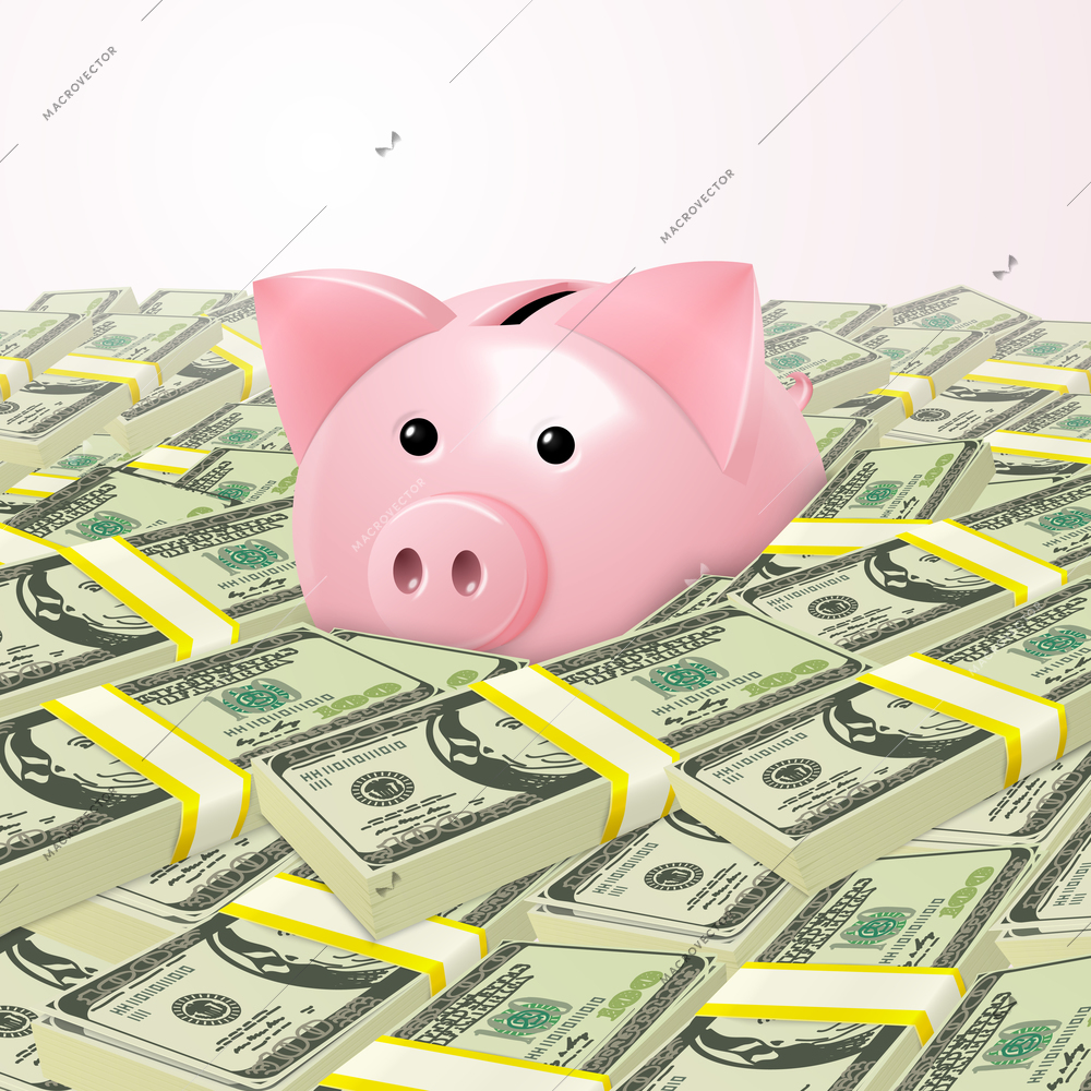 Pink cute piggy bank money safe box in heap of dollar stacks background vector illustration
