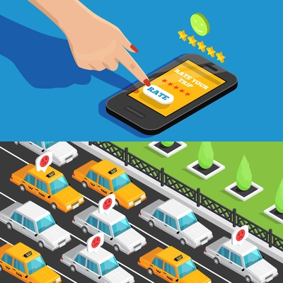 Mobile app taxi service isometric horizontal banners with smartphone icon and yellow taxi cars moving in city traffic vector illustration