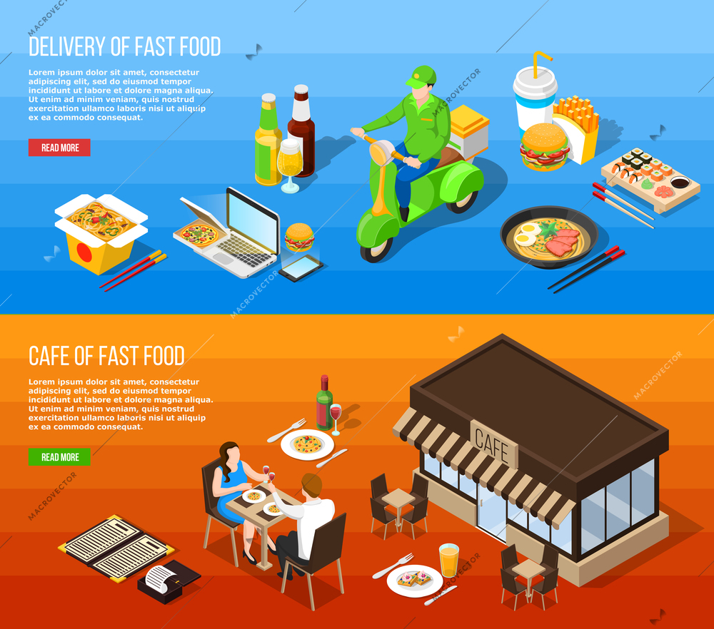 Fast food delivery and fast food cafe isometric horizontal banners with eating icons courier on moped and clients at table vector illustration