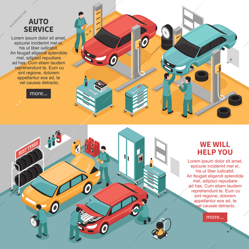 Colorful isometric auto service center horizontal banners set 3d isolated vector illustration