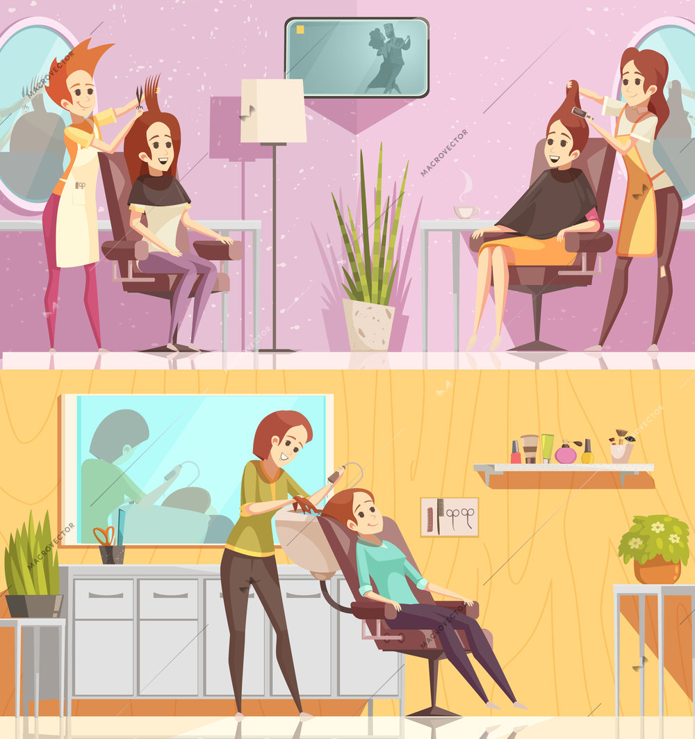 Hair salon service 2 retro cartoon horizontal banners set with styling cutting coloring treatments isolated vector illustration