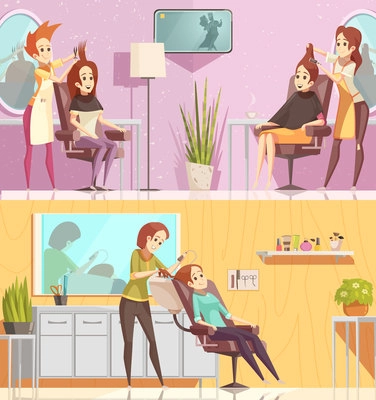 Hair salon service 2 retro cartoon horizontal banners set with styling cutting coloring treatments isolated vector illustration