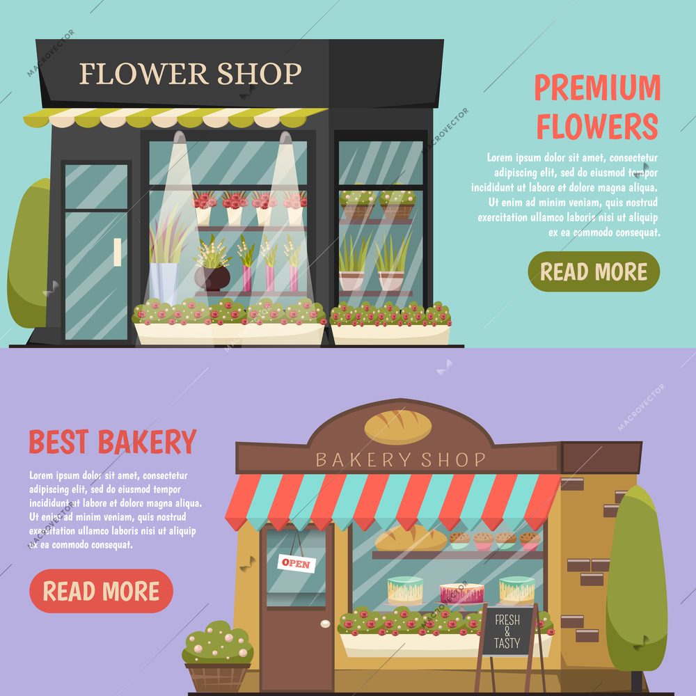 Shops horizontal banners set with flower shop symbols orthogonal isolated vector illustration