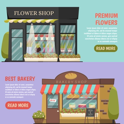 Shops horizontal banners set with flower shop symbols orthogonal isolated vector illustration