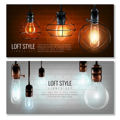 Two realistic vintage glowing light bulbs horizontal banner set with lost style headlines vector illustration