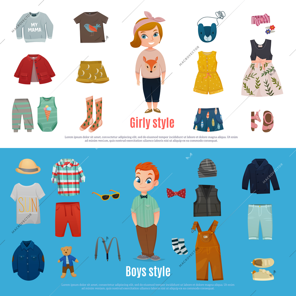Two horizontal baby fashion banner set with girly style and boys style descriptions vector illustration