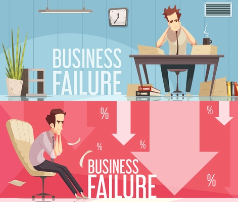 Business failure 2 retro cartoon banners with frustrated businessman sitting in red arrows down isolated vector illustration