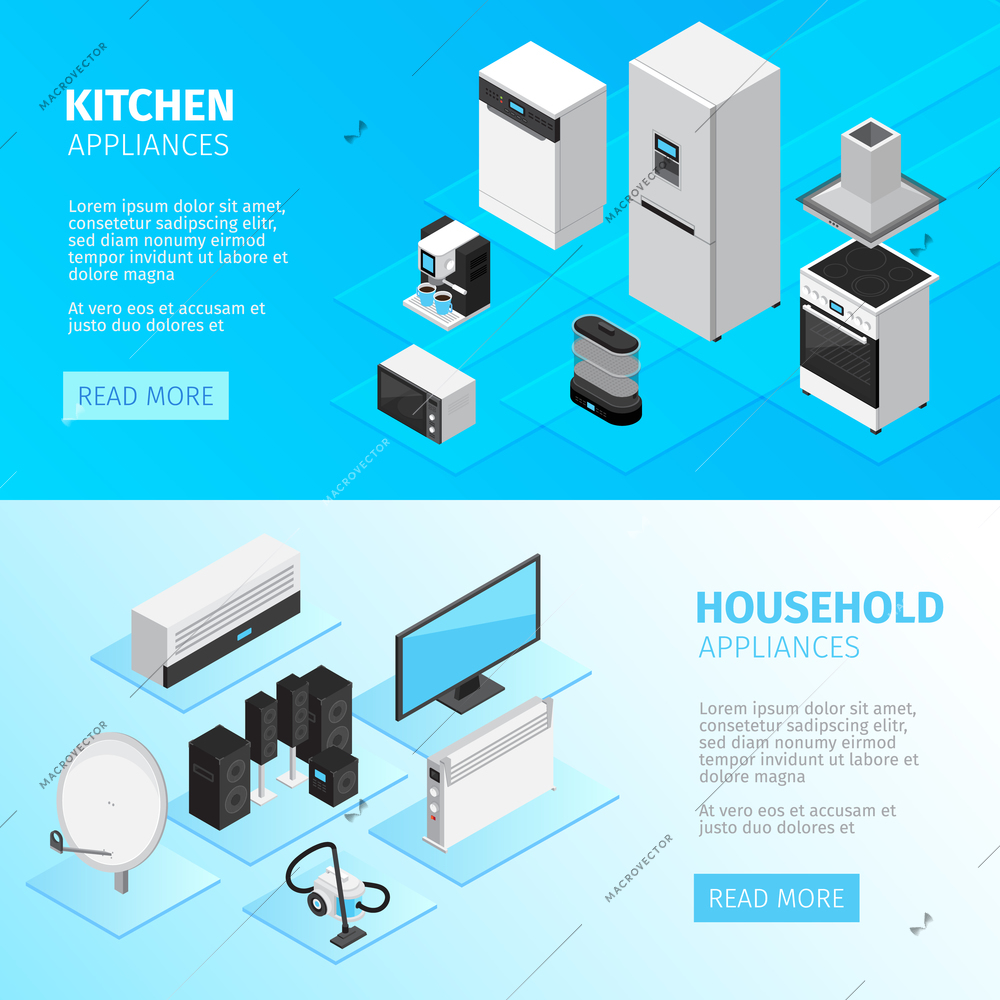 Household appliances horizontal banners with kitchen equipment and digital and electronic devices isometric vector illustration