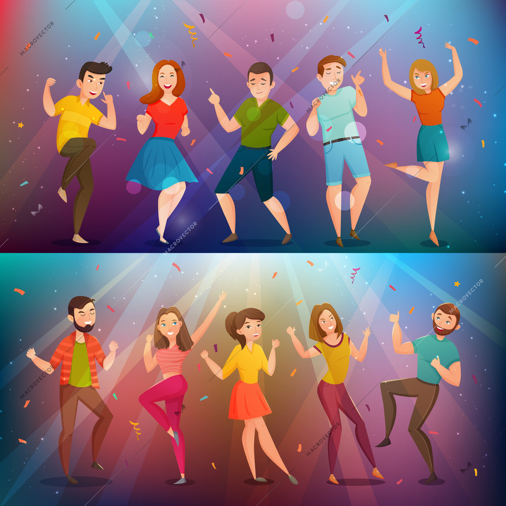 Young people dancing in disco lights 2 retro cartoon horizontal banners set colorful background isolated vector illustration