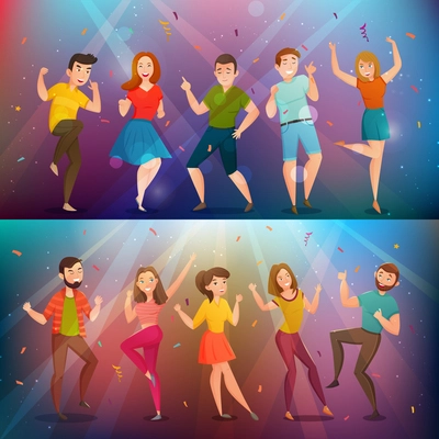Young people dancing in disco lights 2 retro cartoon horizontal banners set colorful background isolated vector illustration