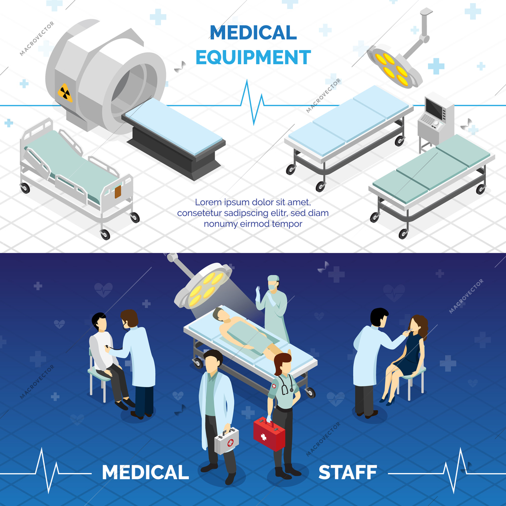 Medical equipment and medical staff horizontal banners with highly technological devices doctors and patients isometric vector illustration