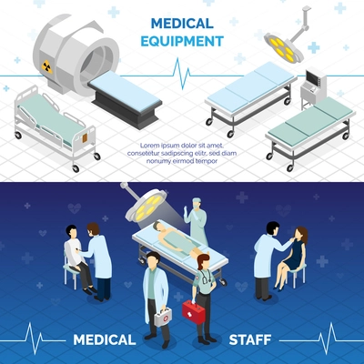 Medical equipment and medical staff horizontal banners with highly technological devices doctors and patients isometric vector illustration