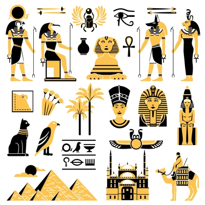 Egypt symbols set in golden and black colors with ancient egyptian deities pyramid and minaret flat vector illustration