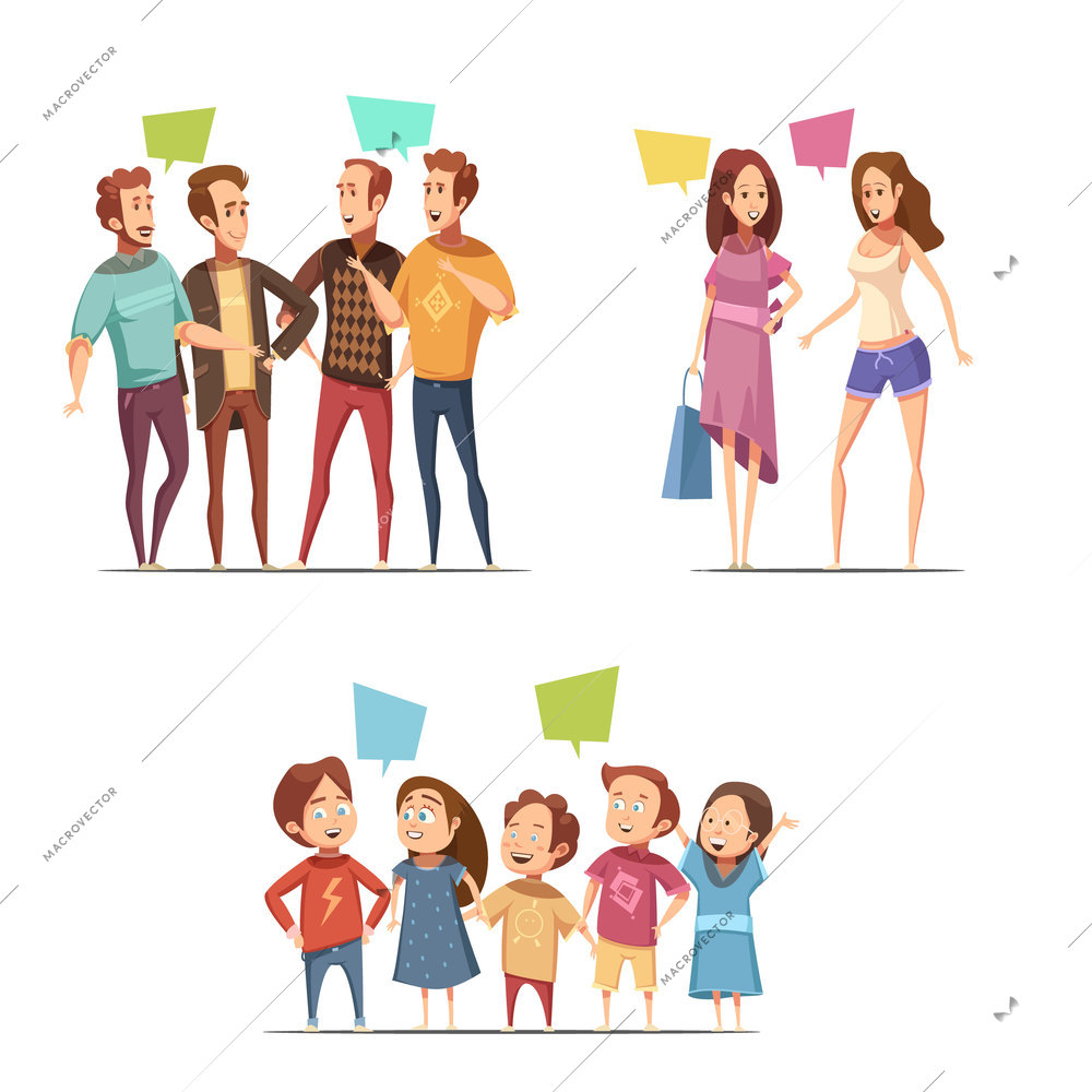 Family retro cartoon set with funny groups of male female and children characters talking to each other flat vector illustration