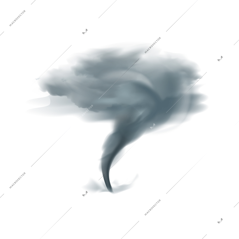 Tornado twirling twister spinning into cloudy sky in black grey shades on white background realistic vector illustration